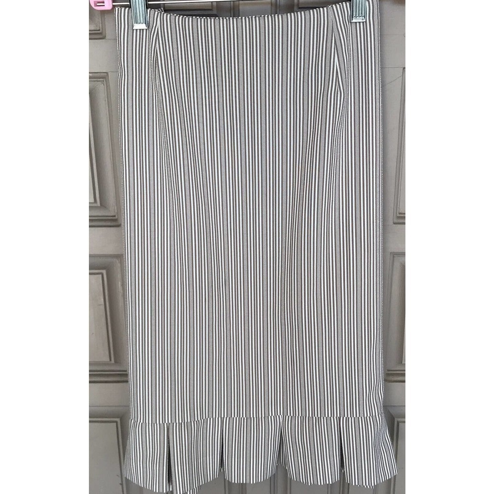 Unbranded Strait Skirt Sz12P Pleated 4" Flounce Back Zip Beige Stripe Pre-Owned